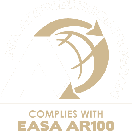 Logo of the EASA accreditation program, signifying compliance with EASA AR100 standards.