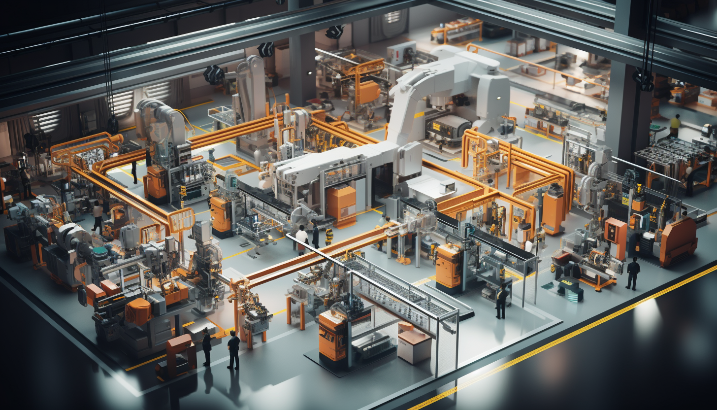 Isometric illustration of a manufacturing plant with conveyor belts and assembly lines, representing system integration by Apex Industrial Automation