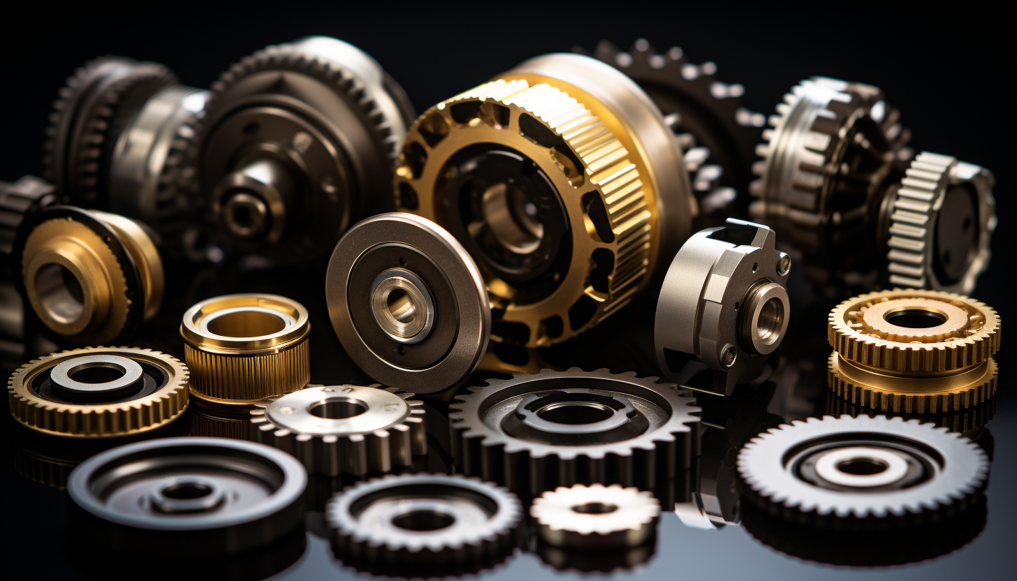 Artistic arrangement of industrial gears and bearings on a black background, showcasing Apex Industrial Automation's component variety.