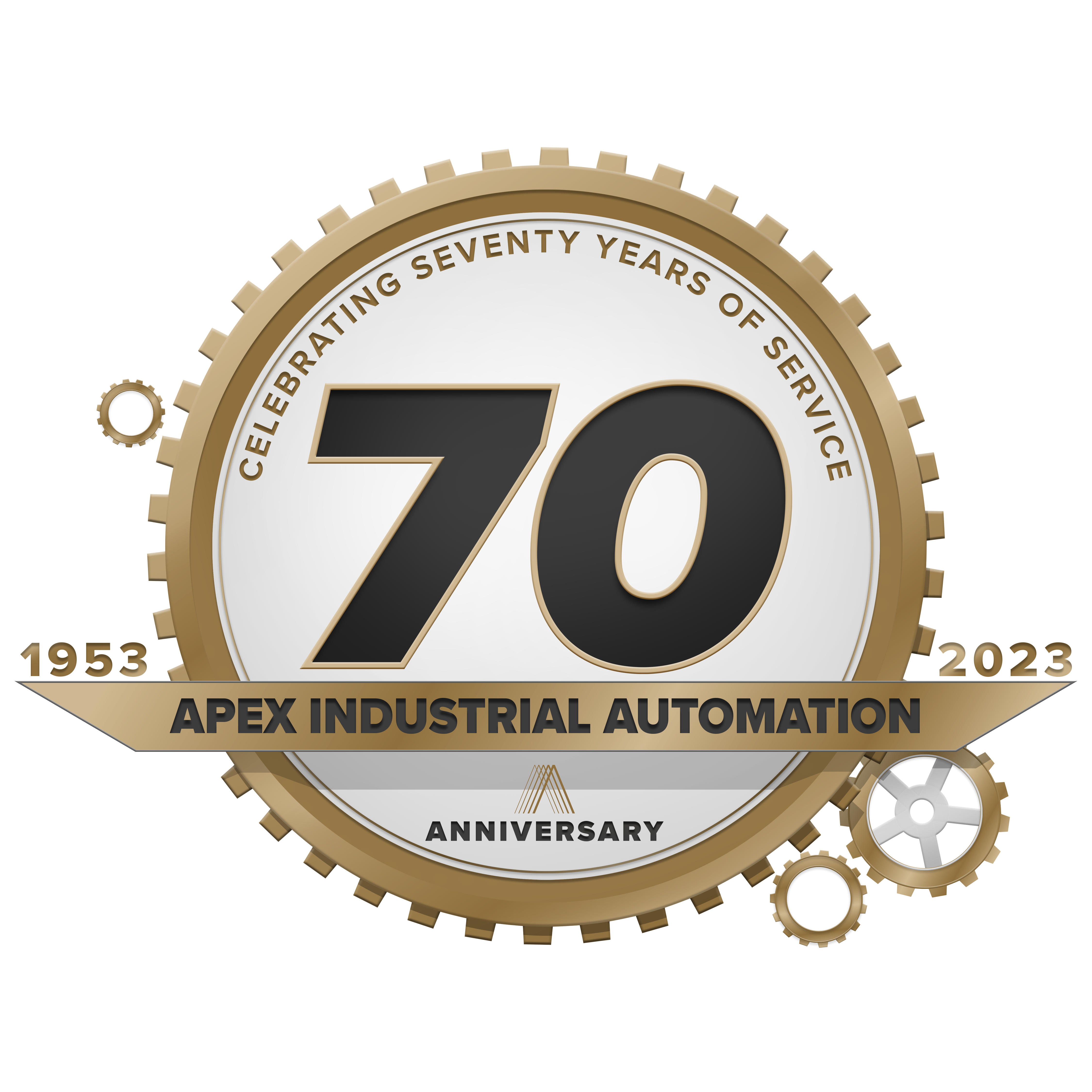 Illustrated logo of Apex Industrial Automation celebrating seventy years of service, featuring gold gears, and a 1953-2023 anniversary badge.