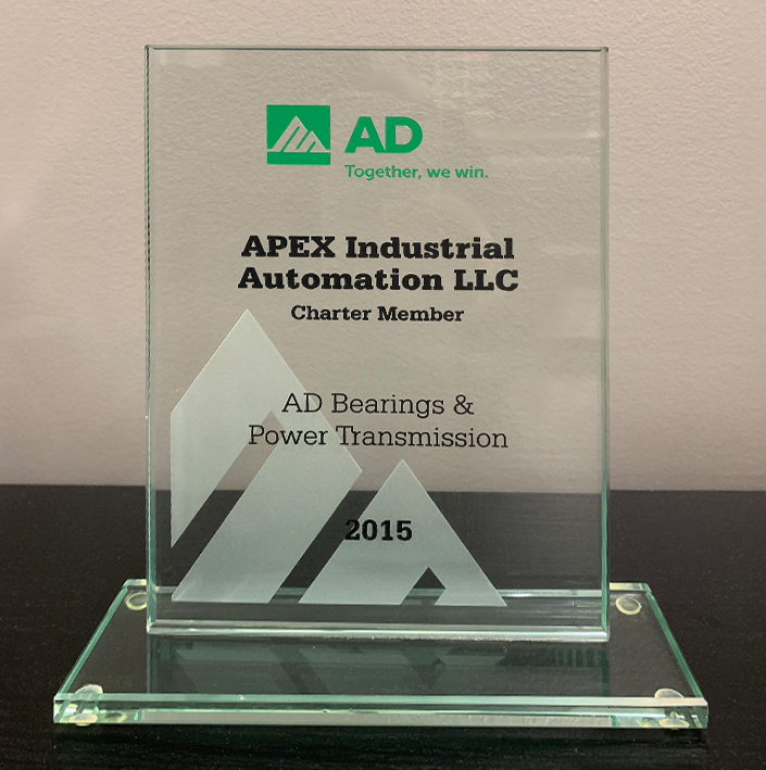 Glass award for Apex Industrial Automation as a Charter Member of Affiliated Distributors (AD) Bearings & Power Transmission since 2015.