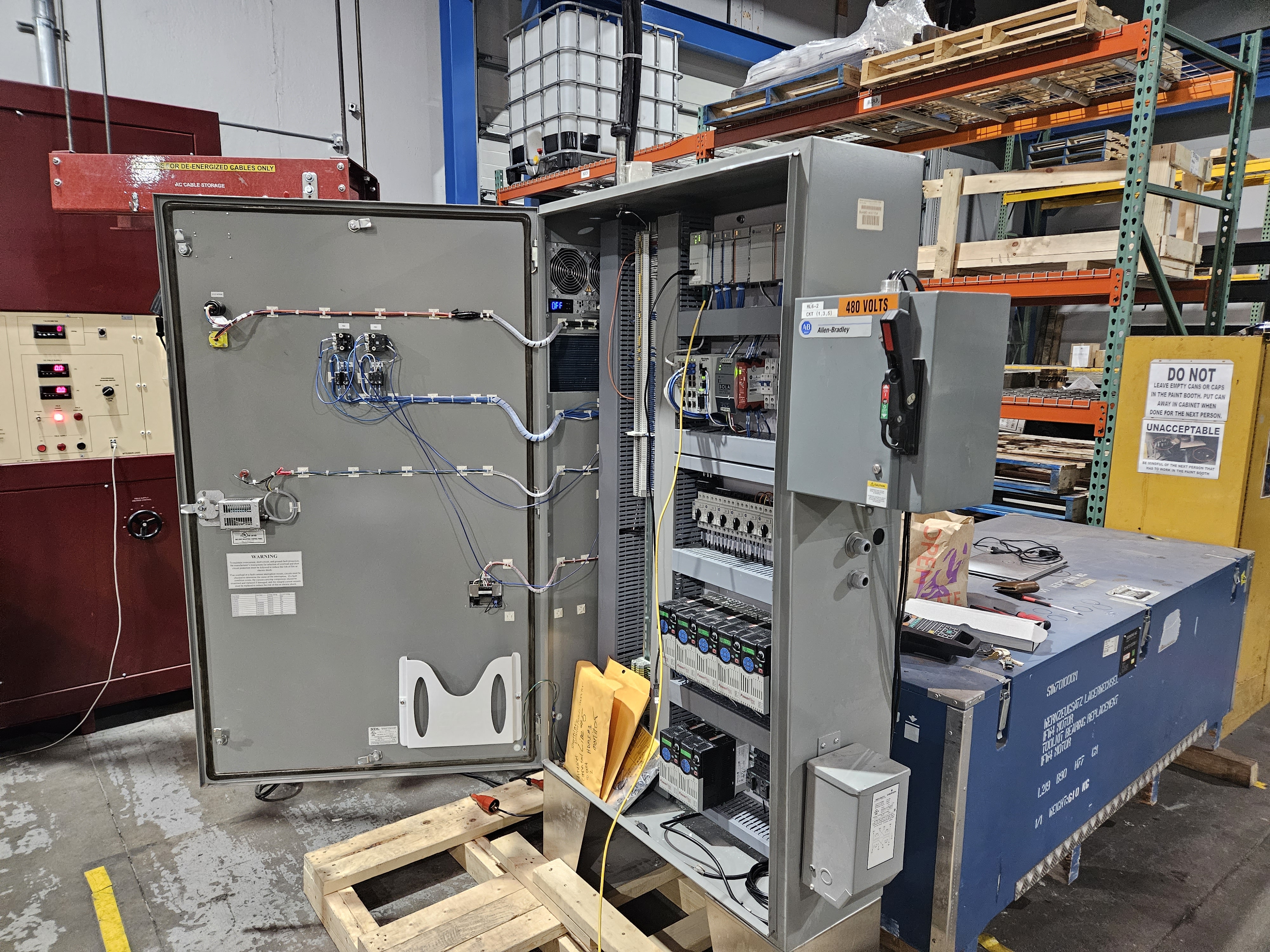 Open industrial control panel at a customer site, serviced by Apex Industrial Automation, showcasing onsite field service and design engineering capabilities.