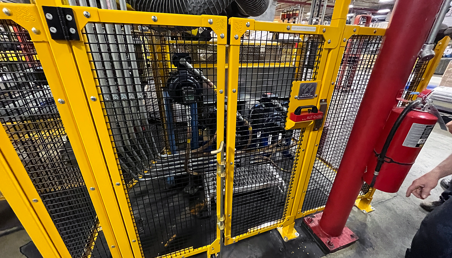 An after-retrofitting image by Apex Industrial Automation shows organized direct-driven motors and gearboxes within a bright yellow safety fence.