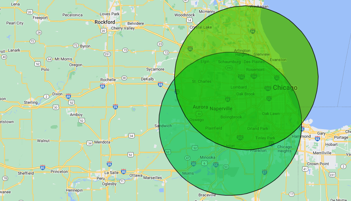 Illustrated service area map showing a 30-mile radius around Apex Industrial Automation's locations, highlighting standard and extended service areas.