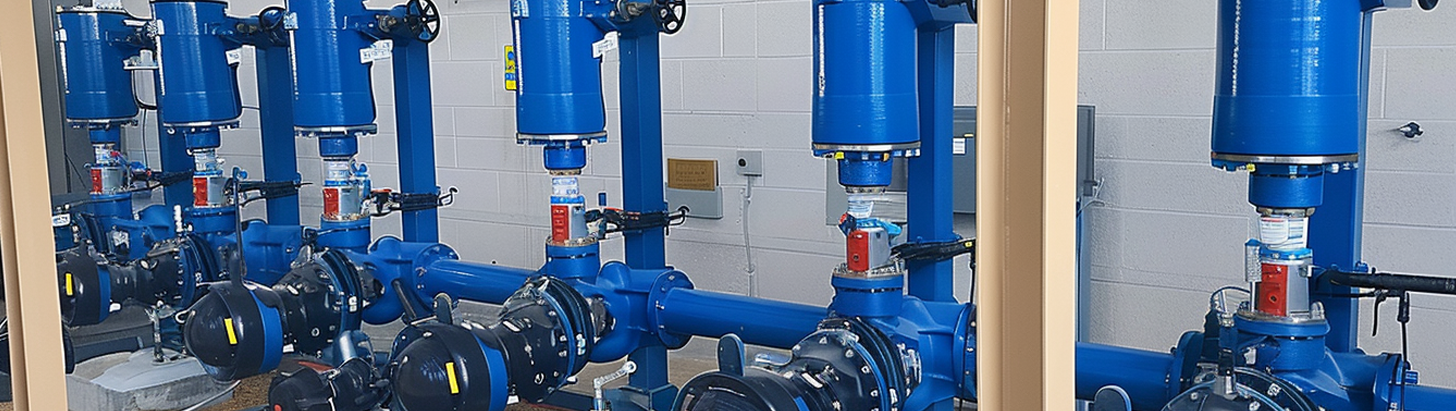 Angled view of numerous industrial pumps at a water treatment facility, with some pumps repaired by Apex Industrial Automation.