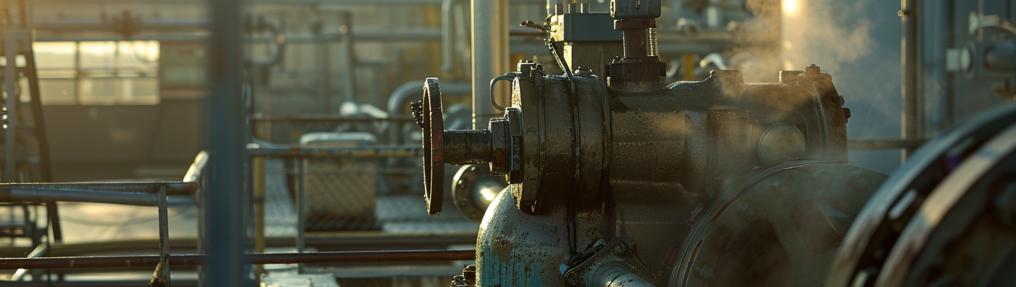 An artistic shot of an outdoor industrial pump with dynamic infrastructure arrangement and steam visible in the low-angled sunlight was taken by Apex Industrial Automation.