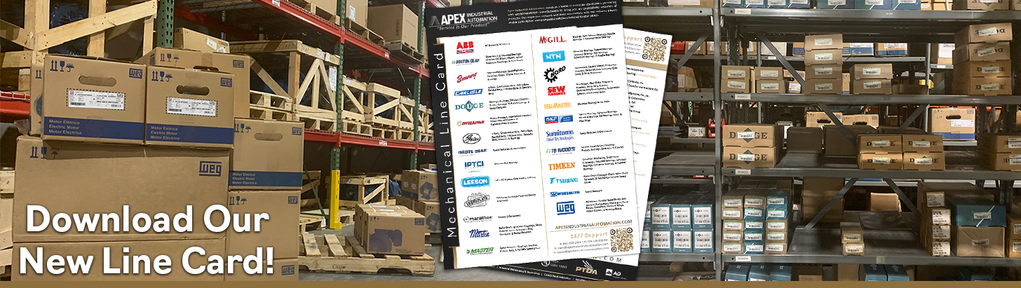 Banner showcasing Apex Industrial Automation's new Mechanical Line Cards with WEG motors and Dodge Industrial Bearings in the stockroom.