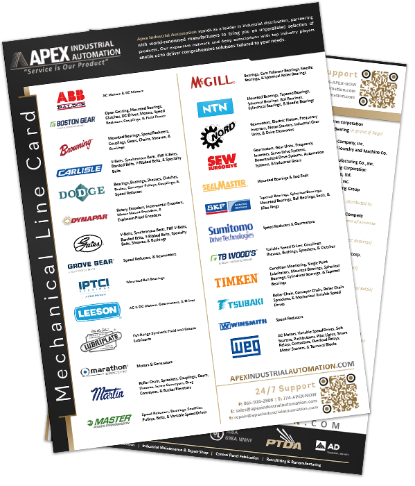 Illustration of Apex Industrial Automation's mechanical line card, clickable for download on the Suppliers & Line Cards page.