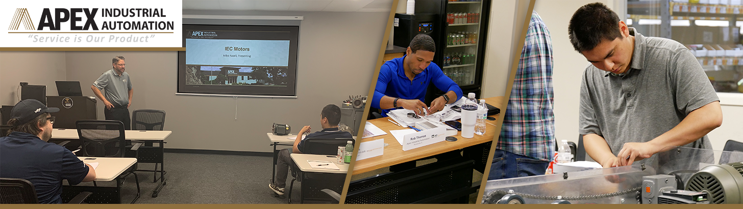 Montage banner of Apex Industrial Automation employees engaged in continuous training, including bearing fundamentals, power transmission principles, and IEC motor training