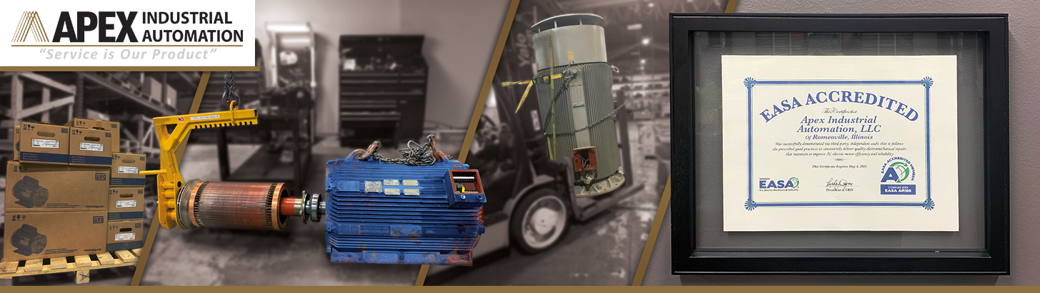 Collage featuring Apex Industrial Automation’s EASA Accreditation certification, alongside images of motors in inventory and large electric motors being serviced.