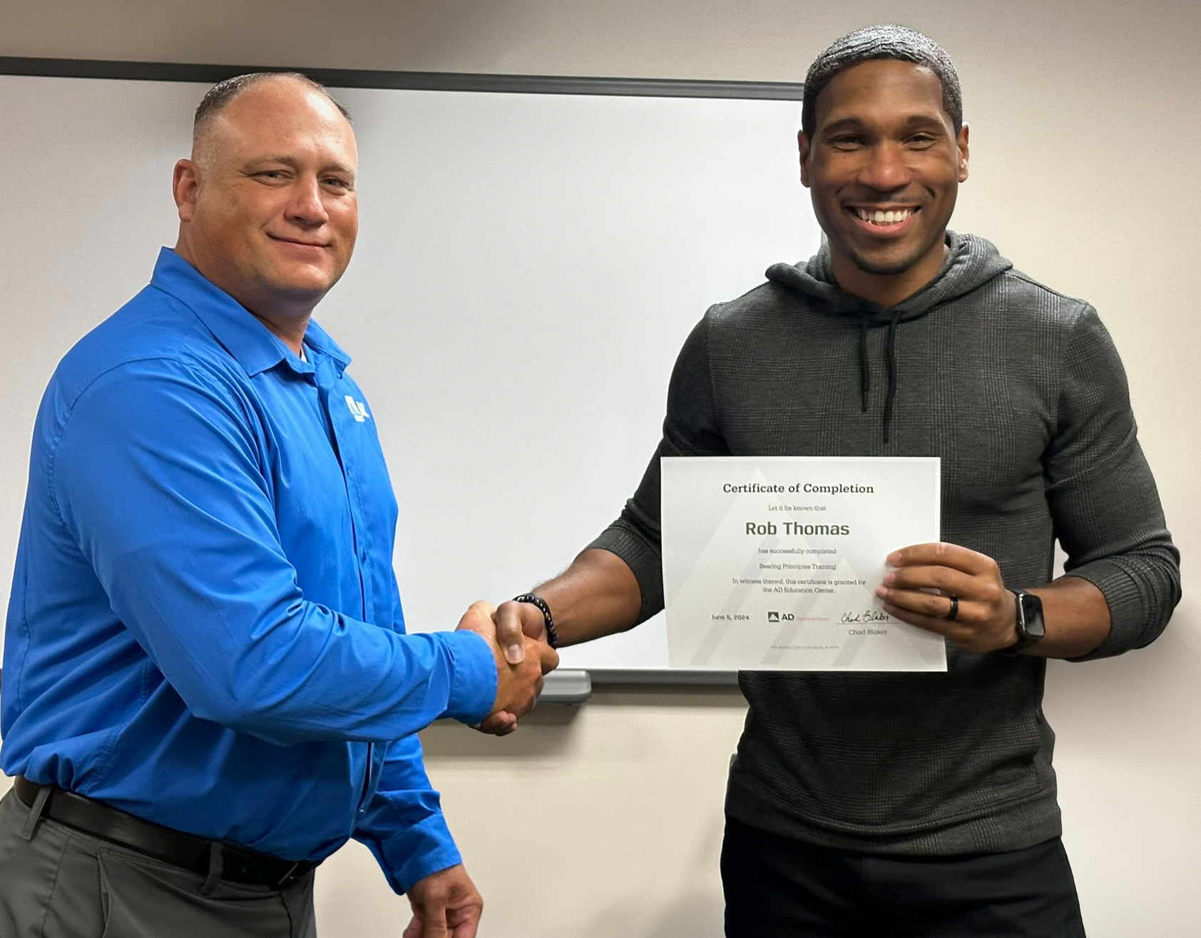 Apex Industrial Automation employee receiving Bearing Fundamentals certification from Affiliated Distributors (AD)