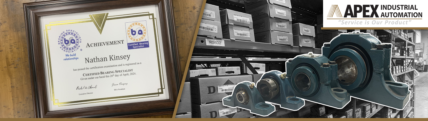 Collage showing Certified Bearing Specialist certificate, Apex's stocked bearing warehouse, and isolated Dodge bearings