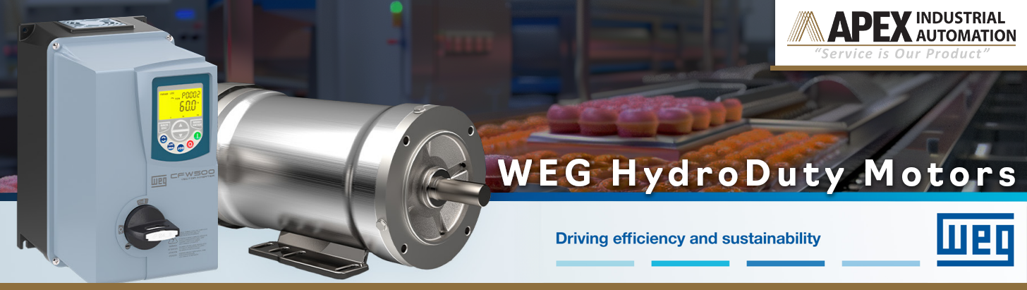 Banner image of the new WEG HydroDuty Motor and a VFD in front of a food manufacturing plant