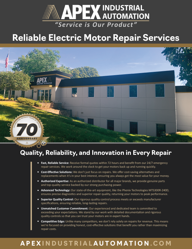 Cover image of Apex Industrial Automation's Repair Capabilities Brochure highlighting our advanced motor repair technologies