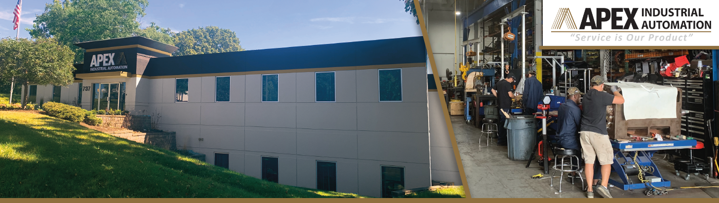 External and internal views of Apex Industrial Automation, featuring the expansive facility and technicians at motor repair stations