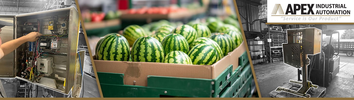 Collage of Apex Industrial Automation's watermelon peeler specialty repair and uncut watermelons in a box