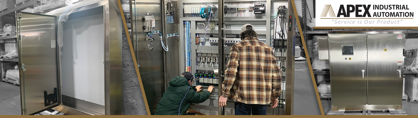 Blog banner showing the production stages of a 16-drive control panel system at Apex Industrial Automation