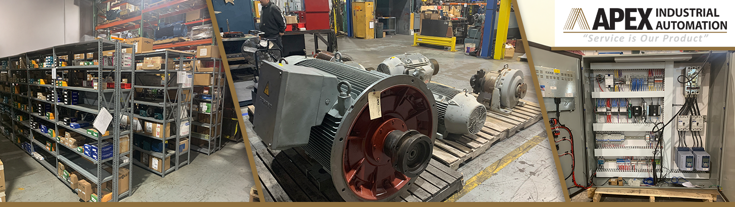 Collage of Apex Industrial Automation services: stocked warehouse, industrial motors for repair, and an engineer working on a custom control panel