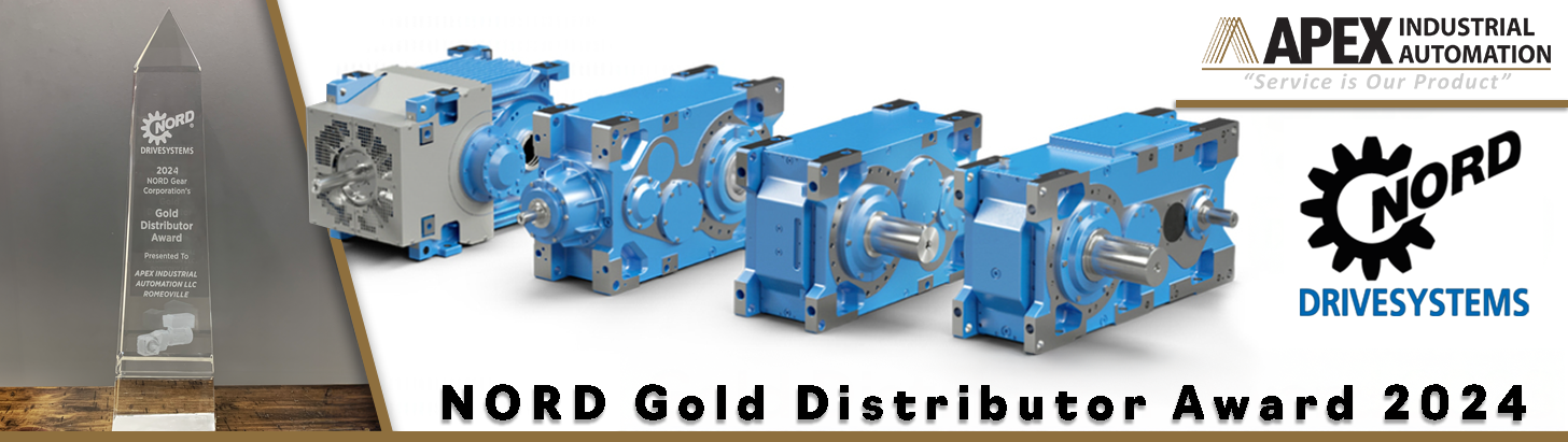 Banner featuring the 2024 Nord Gold Distributor Award and a series of Nord Gear Motors at Apex Industrial Automation
